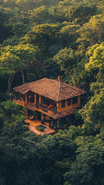 cozy rustic house nestled in vibrant green forest surrounded by towering trees and lush vegetation